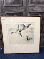 Lot 168 - A LOT OF FOUR FRAMED PRINTS OF DUCKS IN FLIGHT AND ANOTHER OF THE WATERSMEET FISHERY