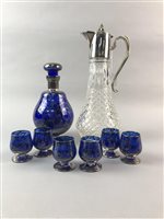 Lot 194 - A BLUE GLASS SILVER GILT DECANTER WITH SIX GLASSES AND A WATER JUG