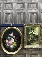 Lot 211 - A PAIR OF PORTRAIT PRINTS IN GILT FRAMES, AN OIL PAINTING AND THREE NEEDLEWORK PICTURES