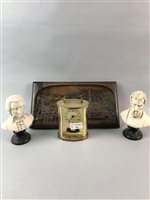 Lot 221 - A BRASS TRIVET, PAIR OF BUSTS, CARRIAGE CLOCK AND BRASS WARE