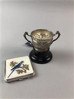 Lot 274 - A SILVER TWIN HANDLED PORRINGER AND AN ENAMEL COMPACT MIRROR