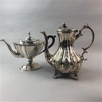 Lot 294 - A SILVER PLATED THREE PIECE COFFEE SERVICE AND A SILVER PLATED POT