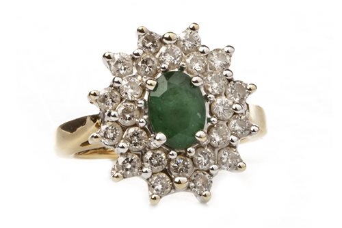 Lot 129 - A GREEN GEM AND DIAMOND CLUSTER RING
