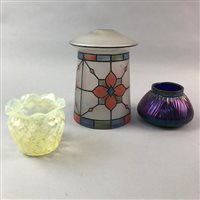 Lot 319 - AN OPAQUE GLASS LANTERN SHADE, THREE GLASS VASES AND A GLASS DISH