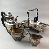 Lot 323 - A SILVER PLATED FOUR PIECE TEA SERVICE, AN OAK CANTEEN AND OTHER PLATED ITEMS