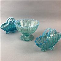 Lot 327 - A LOT OF TWO VASELINE GLASS BASKETS AND SIMILARLY DECORATED BONBON DISH