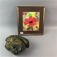 Lot 329 - A PAINTED PLASTER/COMPOSITION BUST AND A SILK PAINTING