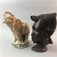 Lot 336 - AN AFRICAN CARVED WOOD BUST, A COPPER POT AND A JUG