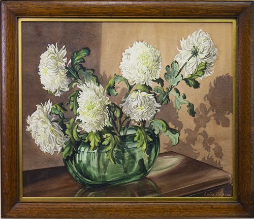 Lot 416 - CHRYSANTHEMUMS IN A GREEN GLASS BOWL, A WATERCOLOUR BY LALIA DICKSON