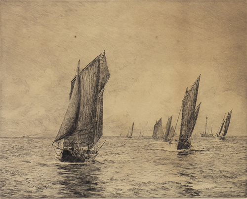 Lot 421 - BOULOGNE FISHING BOATS, AN ETCHING BY WILLIAM LIONEL WYLLIE