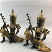 Lot 342 - A LOT OF TWO BRONZE FIGURES OF INDIAN GODDESSES, TWO BRASS CANDELABRA AND A BRASS MODEL CANNON