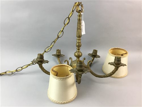Lot 345 - A BRASS FIVE BRANCH CHANDELIER AND A WASHSTAND