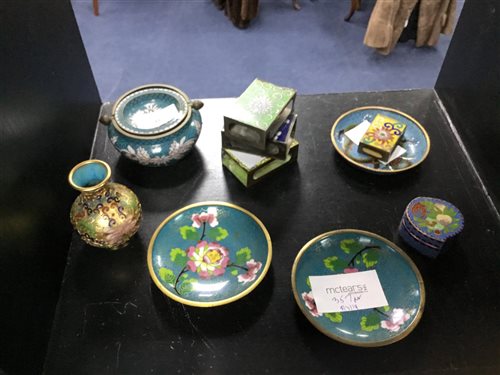 Lot 357 - A GROUP OF ENAMEL DISHES, MATCHBOX HOLDERS, VASE AND PILL BOX