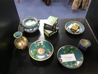 Lot 357 - A GROUP OF ENAMEL DISHES, MATCHBOX HOLDERS, VASE AND PILL BOX