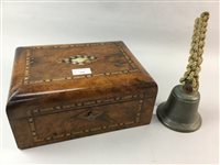 Lot 359 - A WALNUT INLAID OBLONG NEEDLEWORK BOX AND A HAND BELL