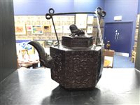 Lot 361 - A BRONZED TERRACOTTA HEXAGONAL TEA POT