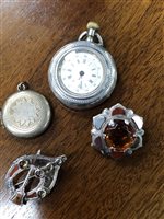 Lot 364 - A FOB WATCH, LOCKET AND TWO AGATE AND GEM SET BROOCHES