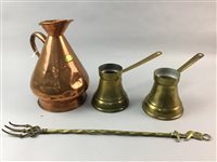 Lot 370 - A COPPER MEASURE, PAIR OF BRASS MEASURES AND A FIRE POKER