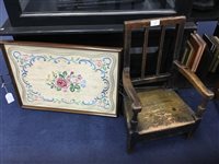 Lot 373 - A CHILD'S MAHOGANY OAK CHAIR AND A FRAMED TEA TRAY