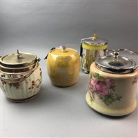 Lot 128 - A WEDGWOOD RIBBED BISCUIT BARREL AND THREE OTHER BISCUIT BARRELS