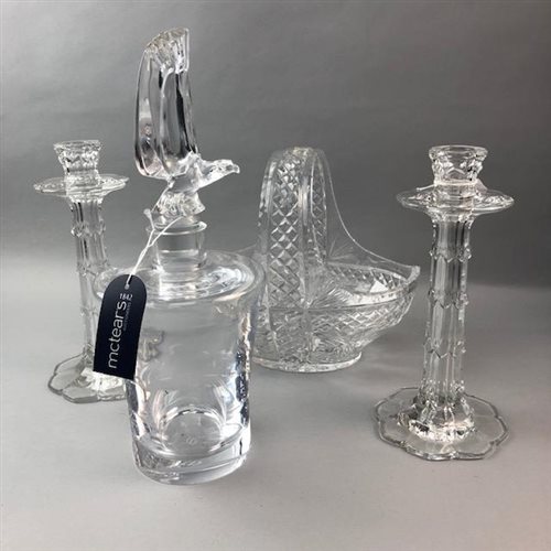 Lot 115 - A PAIR OF GLASS CANDLESTICKS, CRYSTAL DECANTER AND A CRYSTAL BASKET
