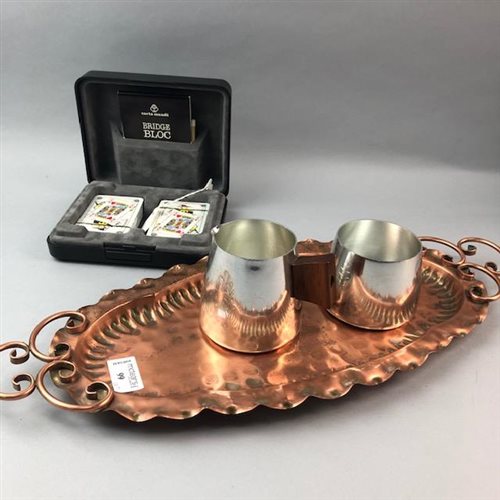 Lot 99 - A COPPER TRAY, INKWELL, DRESSING TABLE SET AND A PEN SET