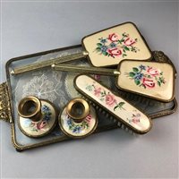 Lot 99 - A COPPER TRAY, INKWELL, DRESSING TABLE SET AND A PEN SET