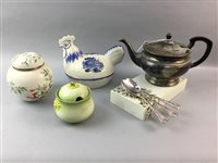 Lot 231 - A PLATED TEA POT, CUTLERY, GINGER JARS AND OTHER CERAMICS