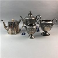 Lot 72 - A THREE PIECE SILVER PLATED TEA SERVICE AND TWO FURTHER PLATED TEA POTS