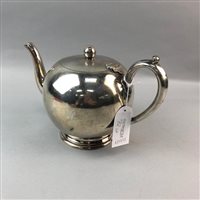 Lot 72 - A THREE PIECE SILVER PLATED TEA SERVICE AND TWO FURTHER PLATED TEA POTS