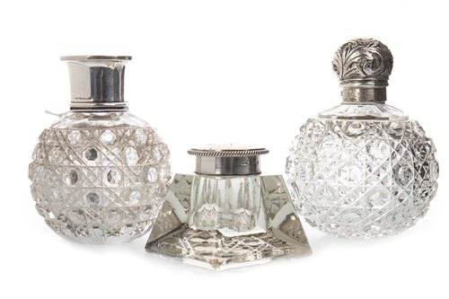 Lot 872 - A LOT OF TWO VICTORIAN SILVER TOPPED PERFUME BOTTLES AND A SILVER TOPPED INKWELL