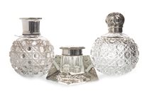 Lot 872 - A LOT OF TWO VICTORIAN SILVER TOPPED PERFUME BOTTLES AND A SILVER TOPPED INKWELL