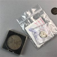Lot 59 - A WWI SERVICE MEDAL ALONG WITH AN OMEGA WATCH FACE, VARIOUS COINS, AND A CIRCULAR PENDANT