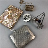 Lot 53 - A SILVER PROPELLING PENCIL, A SILVER MENU STAND, TWO SCENT BOTTLES, A CIGARETTE CASE AND OTHER ITEMS