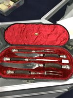 Lot 85 - A SET OF SIX MOTHER OF PEARL HANDLED FORKS, CARVING SET AND PLATED CUTLERY