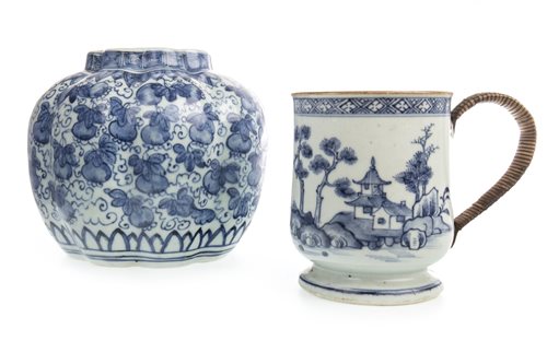 Lot 1142 - A CHINESE BLUE AND WHITE TANKARD AND LOBED VASE