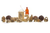 Lot 1172 - A JAPANESE IVORY INRO ALONG WITH IVORY AND OTHER NETSUKES