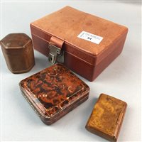 Lot 84 - A LEATHER BOX, OTHER BOXES, WEIGHTS AND BRUSHES