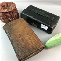 Lot 84 - A LEATHER BOX, OTHER BOXES, WEIGHTS AND BRUSHES