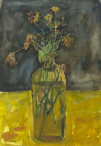 Lot 521 - DYING MARIGOLDS, A WATERCOLOUR BY GLEN SCOULLER