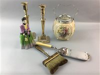 Lot 138 - A SILVER PLATED CRUMB TRAY, CANDLESTICKS AND A CERAMIC BISCUIT BARREL