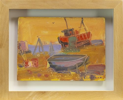 Lot 524 - BOATS AND FISHING GEAR, A MIXED MEDIA BY GLEN SCOULLER