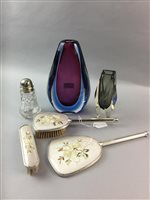 Lot 195 - A COLOURED GLASS VASE, A VANITY SET, SUGAR CASTER AND ANOTHER VASE