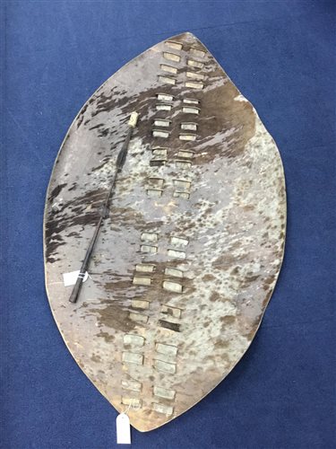 Lot 15 - AN AFRICAN ANIMAL SKIN SHIELD AND SPEAR