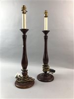 Lot 159 - A PAIR OF WOODEN CANDLESTICKS CONVERTED TO LAMPS AND ANOTHER PAIR OF LAMPS