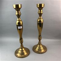 Lot 165 - A PAIR OF BRASS CANDLESTICKS, POSTAL SCALES, WOODEN LASTS AND A VINTAGE TIN