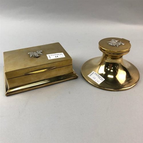Lot 14 - A REGIMENTAL BRASS INKWELL AND AN OBLONG CIGARETTE CASE