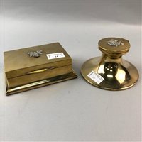 Lot 14 - A REGIMENTAL BRASS INKWELL AND AN OBLONG CIGARETTE CASE