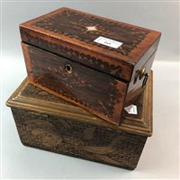 Lot 169 - A HANDPAINTED BOX, TWO WOODEN TEA CADDIES AND FOUR OTHER BOXES