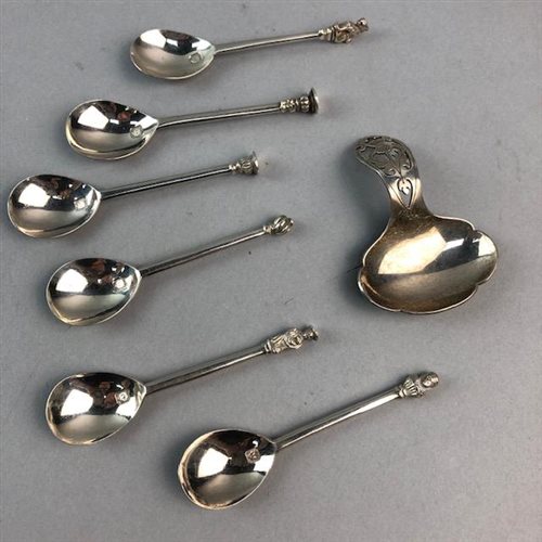 Lot 13 - A LOT OF SIX SILVER SPOONS AND A CADDY SPOON